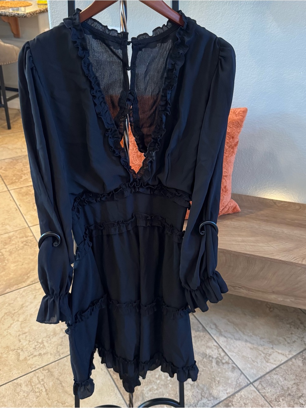Black Long-Sleeve Ruffle Tiered Dress